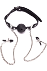 Hakiki deri ball gag + meme ucu kıskacı