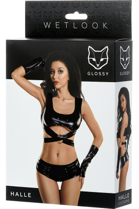 Glossy HALLE Deri Büstyer, Mini şort ve Eldiven Seti