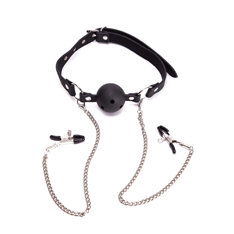 Genuine Leather Ball Gag + Nipple Clamp